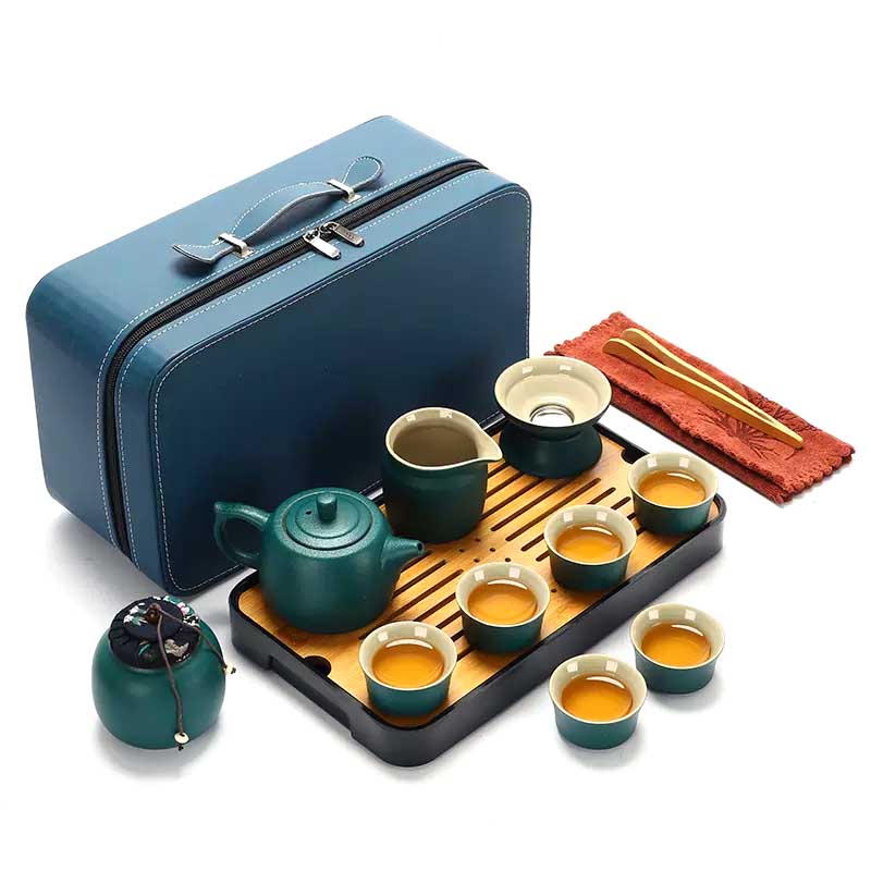 Juego de té con bolsa de viaje turquesa