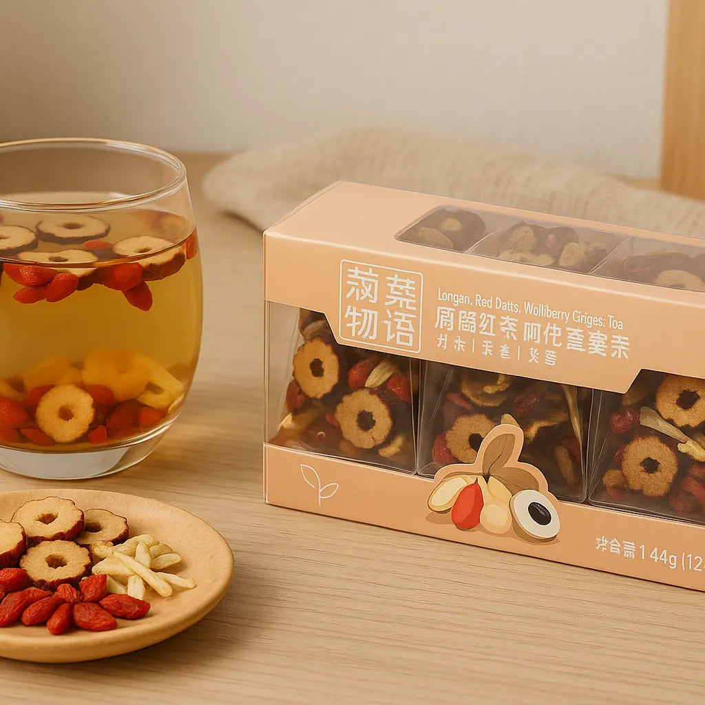 Chá Premium Longan, Tâmara Vermelha, Goji Berry e Gengibre 144g